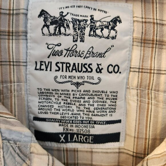 Levi’s XL Western Plaid Pearl Snap Short Sleeve Shirt Blue Tan Pre-owned - Picture 3 of 7